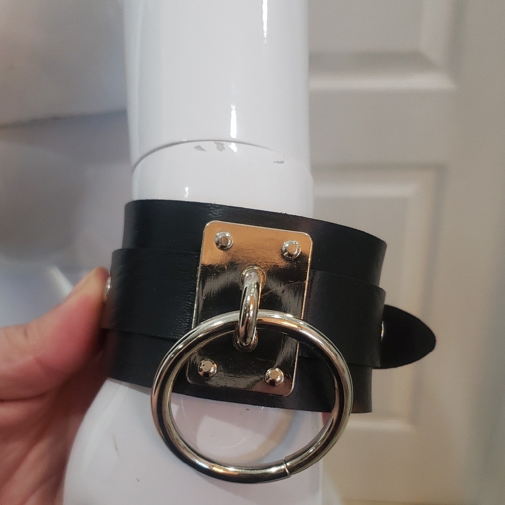 Punk Black Leather Goth Ring Snap Cuff Bracelet with Silver Hardware
